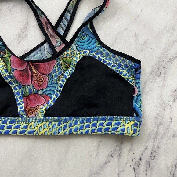 Luli Fama Fit Womens Sport Bra Size S Blue Black Retro Tattoo Print Mesh - Picture 2 of 5